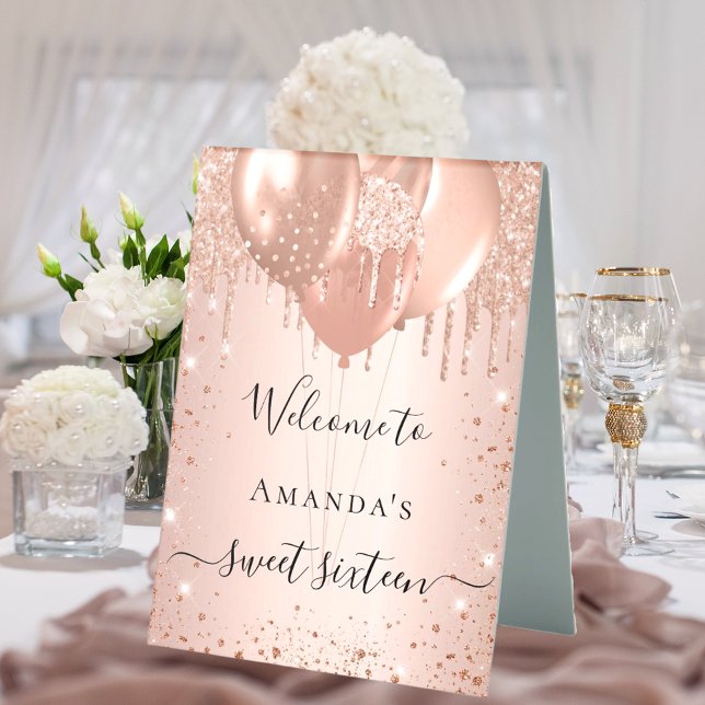 Sweet 16 rose gold sparkles blush party welcome table tent (Creator Uploaded)