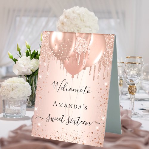 Sweet 16 rose gold sparkles blush party welcome table tent sign