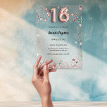 Sweet 16 rose gold stars clear party acrylic invitations<br><div class="desc">For an elegant Sweet 16,  16th birthday party. A clear,  transparent background. Decorated with rose gold stars and number 16,  written with a balloons style font.  Personalize and add your name and party details.</div>