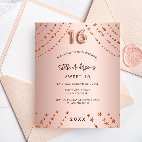 Sweet 16 rose gold stars elegant budget invitation flyer