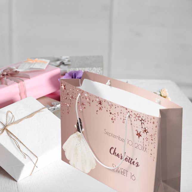 Sweet 16 rose gold stars ivory dress large gift bag (Creator Uploaded)