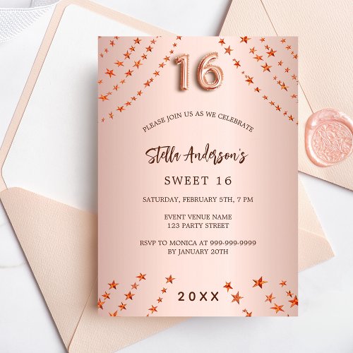 Sweet 16 rose gold stars luxury invitation