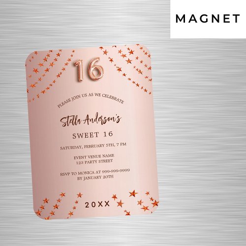 Sweet 16 rose gold stars luxury invitation magnet