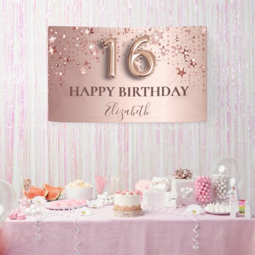 Sweet 16 rose gold stars party banner