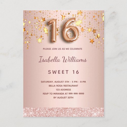 Sweet 16 rose gold stars pink postcard