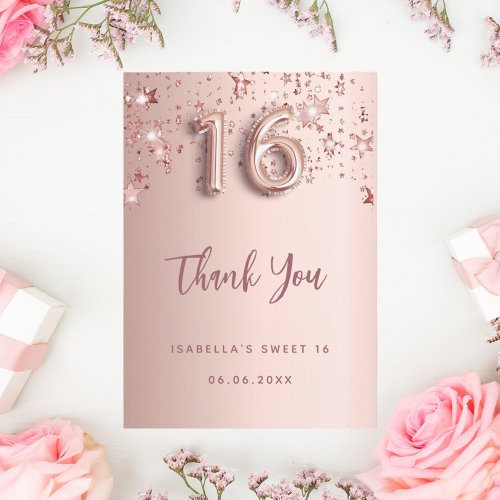 Sweet 16 rose gold stars thank you card