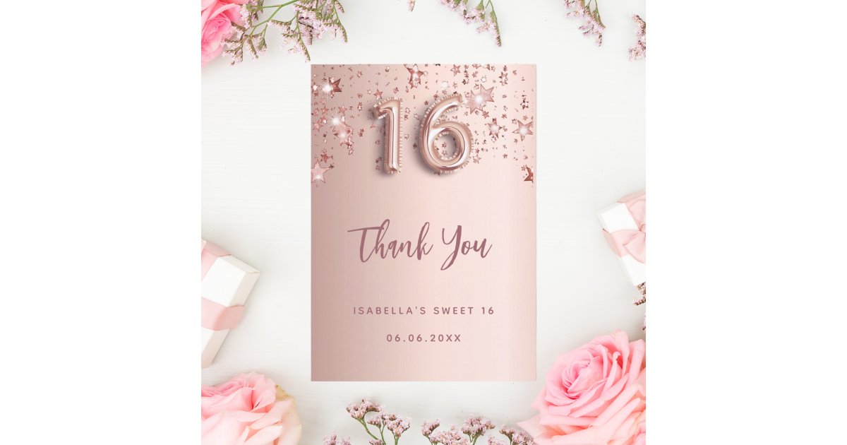 Sweet 16 rose gold stars thank you card | Zazzle