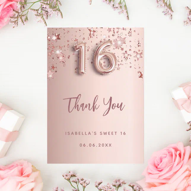 Sweet 16 rose gold stars thank you card | Zazzle