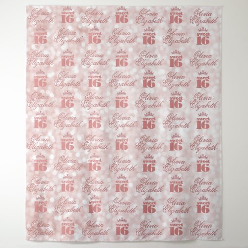 Sweet 16 Rose Gold Step and Repeat Party Tapestry