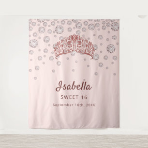 Sweet 16 rose gold tiara crown pink monogram tapestry
