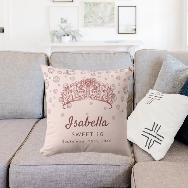 Sweet 16 rose gold tiara crown pink monogram throw pillow (Creator Uploaded)