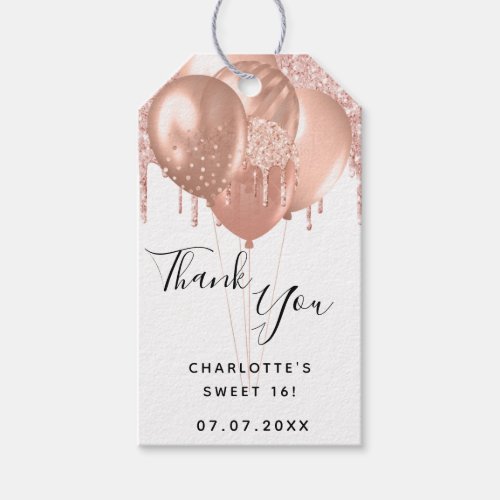 Sweet 16 rose gold white balloon thank you  gift tags