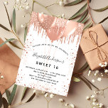 Sweet 16 rose gold white balloons invitation<br><div class="desc">For an elegant Sweet 16,  16th birthday. A stylish white background. Decorated with rose gold drips and balloons.  Personalize and add a name,  age and party details. The name is written with a hand lettered style script</div>