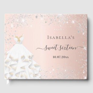 Sweet 16 rose gold white dress birthday guest book