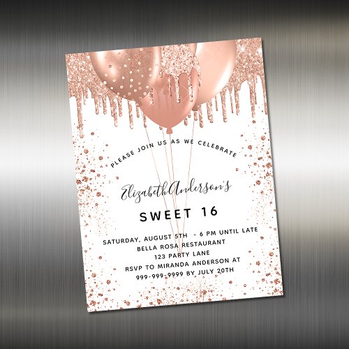 Sweet 16 rose gold white glitter invitation magnet