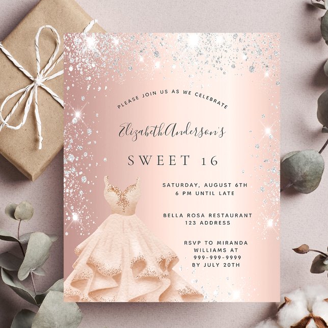 Sweet 16 rose silver glitter budget invitation (Creator Uploaded)