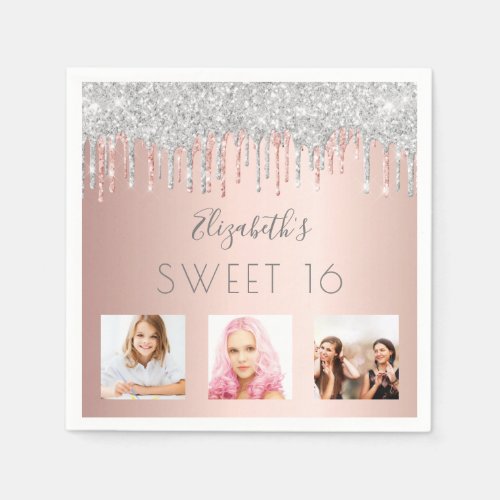 Sweet 16 rosr gold silver glitter drips photo napkins