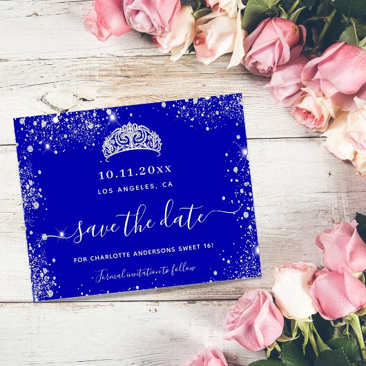 Sweet 16 roya blue silver glitter save date card