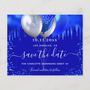 Sweet 16 royal blue balloons budget  save the date flyer