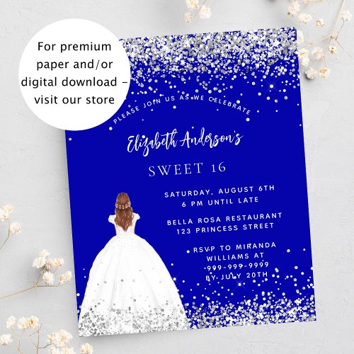 Sweet 16 royal blue dress budget invitation flyer