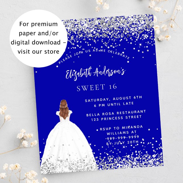 Sweet 16 royal blue dress budget invitation flyer (Creator Uploaded)