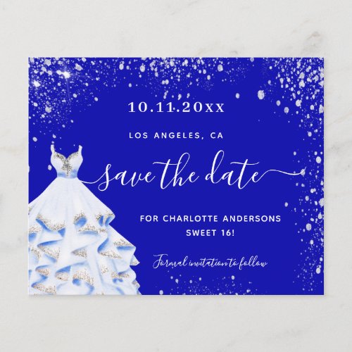 Sweet 16 royal blue dress budget save the date flyer