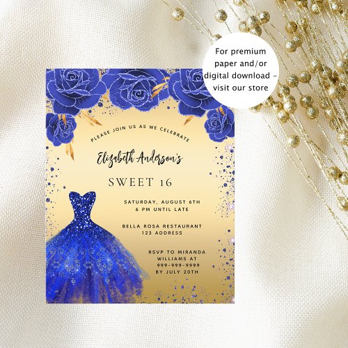 Sweet 16 royal blue dress flower budget invitation
