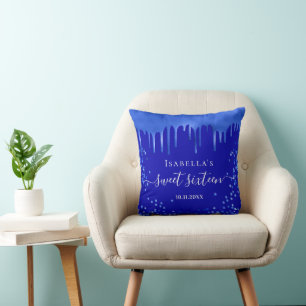 Sweet 16 royal blue drips name script throw pillow