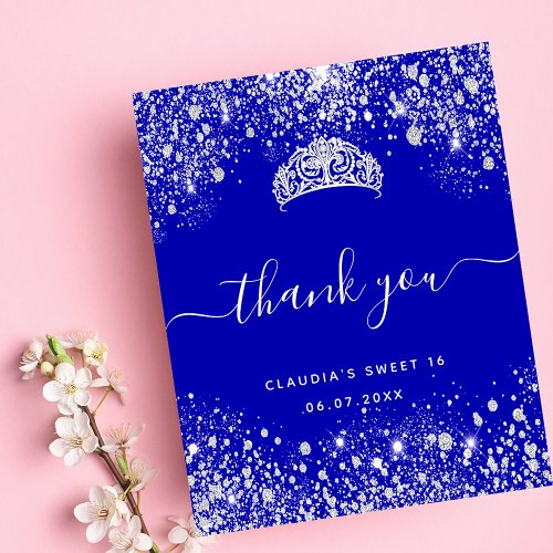 Sweet 16 royal blue glitter budget thank you card