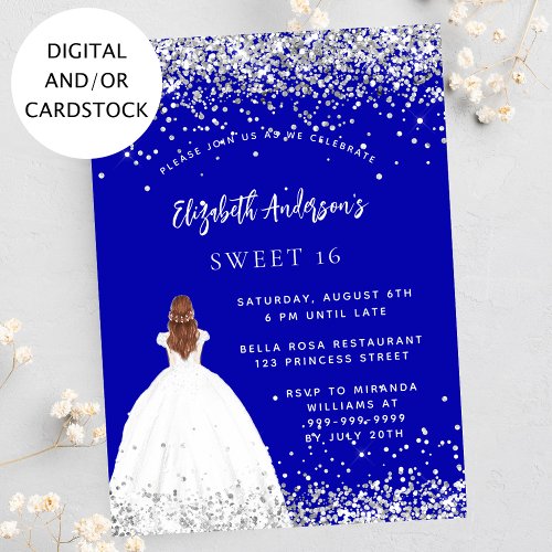Sweet 16 royal blue glitter dress invitation