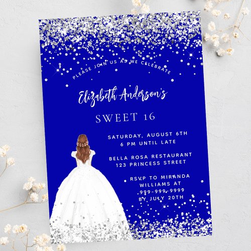 Sweet 16 royal blue glitter dress invitation postcard