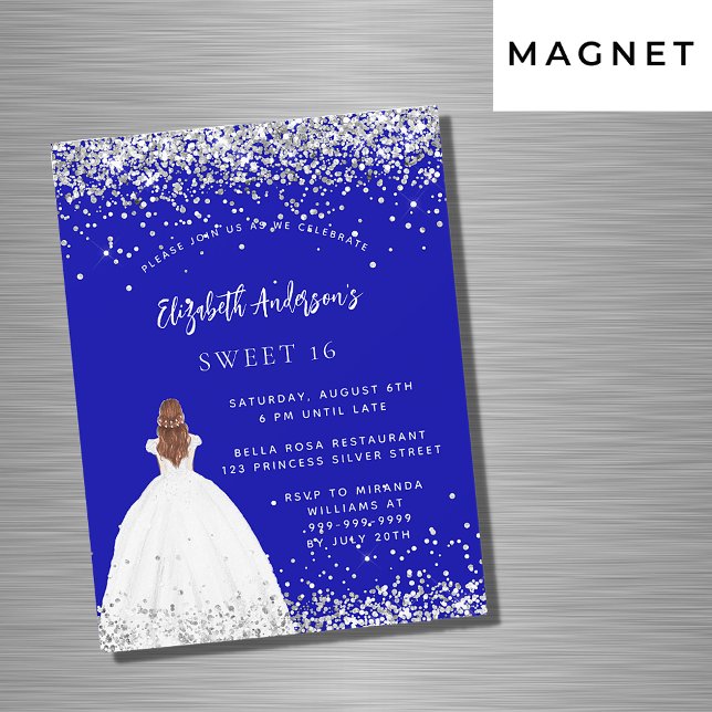 Sweet 16 royal blue glitter dress luxury magnetic invitation (Creator Uploaded)