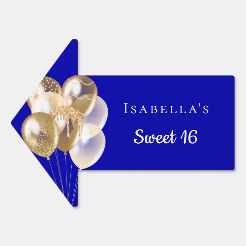 Sweet 16 royal blue gold balloons name arrow sign