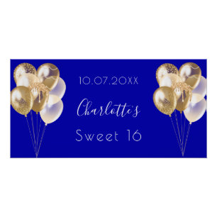 Sweet 16 royal blue gold balloons party poster