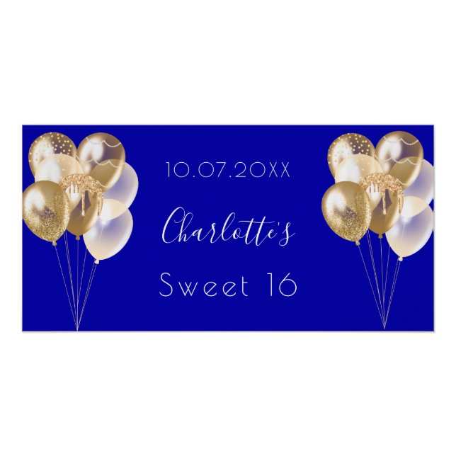 Sweet 16 royal blue gold balloons party poster (Front)