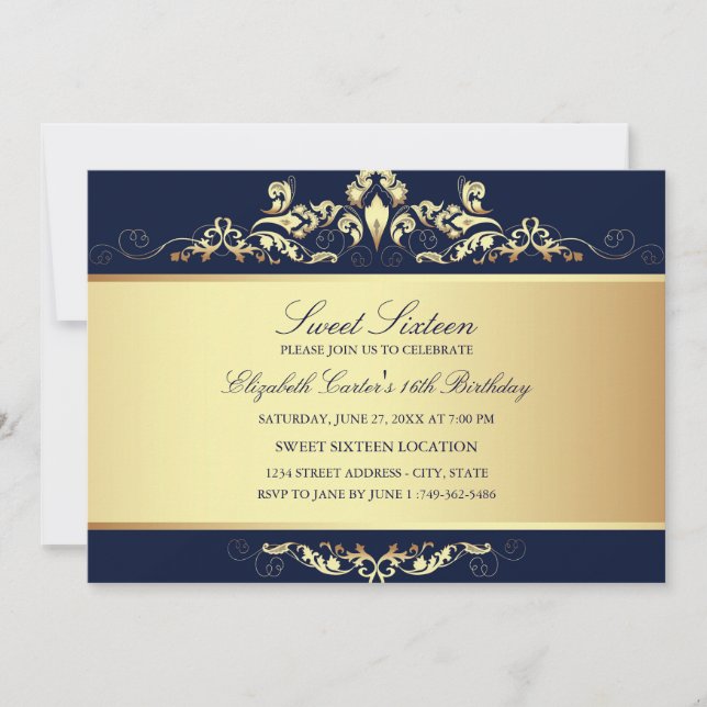 Sweet 16 | Royal Blue & Gold Damask Invitation (Front)