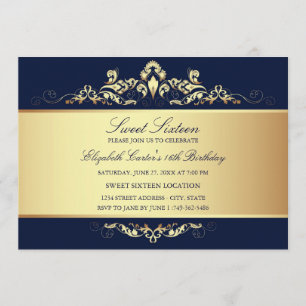 Sweet 16   Royal Blue & Gold Damask Invitation