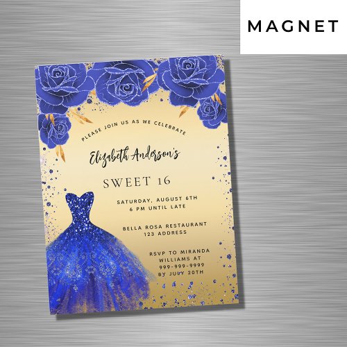 Sweet 16 royal blue gold dress florals luxury magnetic invitation