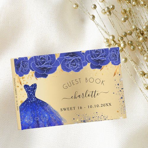 Sweet 16 royal blue gold dress flowers glitter guest book