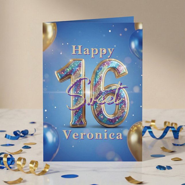 Sweet 16 Royal Blue Gold Glitter Balloon Birthday Card (Creator Uploaded)