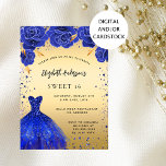 Sweet 16 royal blue gold glitter dress florals invitation<br><div class="desc">A modern,  stylish and glamorous invitation for a Sweet 16,  16th birthday party.  A faux gold background with faux blue sparkles and a royal blue dress and roses,  florals.  The name is written with a modern hand lettered style script.  Personalize and add your party details.</div>