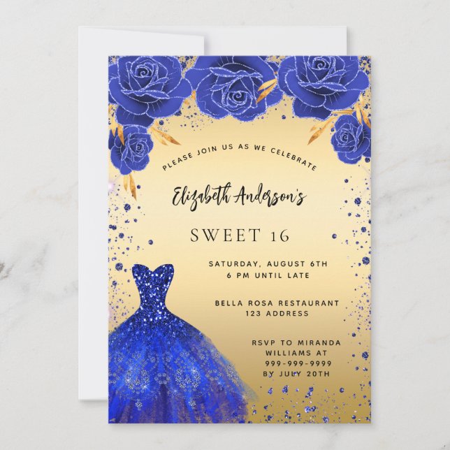 Sweet 16 royal blue gold glitter dress florals invitation | Zazzle