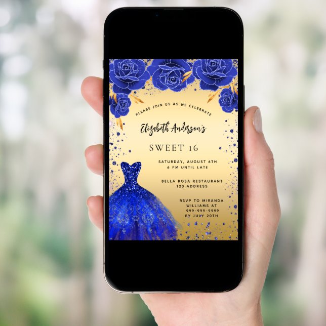 Sweet 16 royal blue gold glitter dress florals invitation (Front Digital)