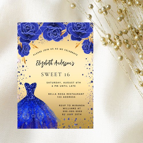 Sweet 16 royal blue gold glitter dress florals invitation postcard