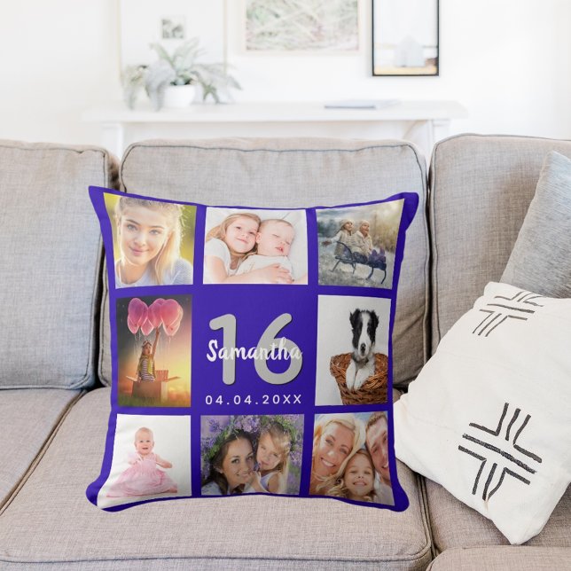 Sweet 16 royal blue photo collage name throw pillow (Creator Uploaded)