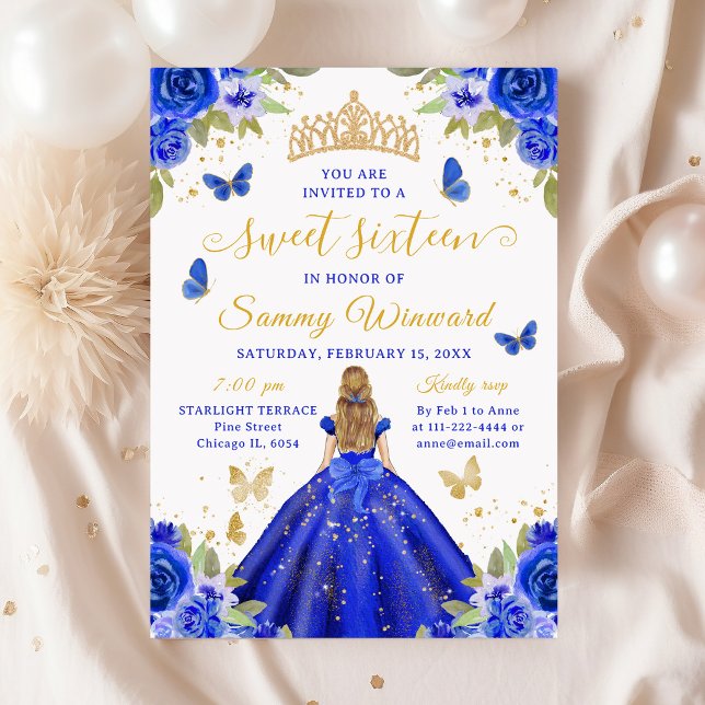 Sweet 16 Royal Blue Princess Blonde Girl Invitation (Creator Uploaded)