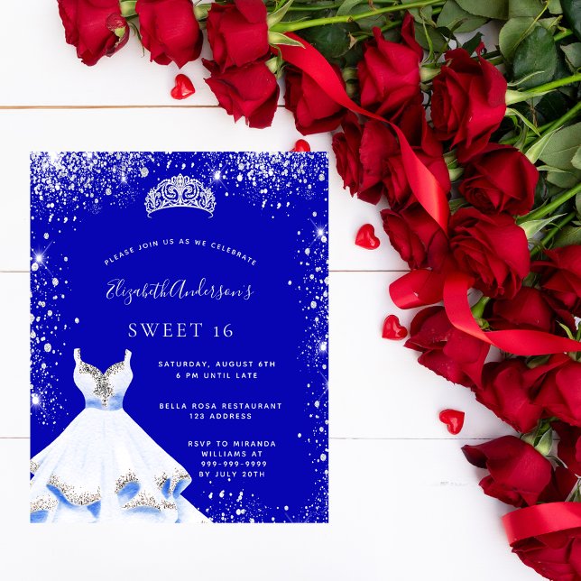 Sweet 16 royal blue silver dress budget invitation flyer (Creator Uploaded)
