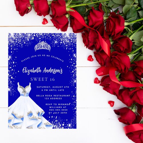 Sweet 16 royal blue silver dress tiara glamorous invitation postcard