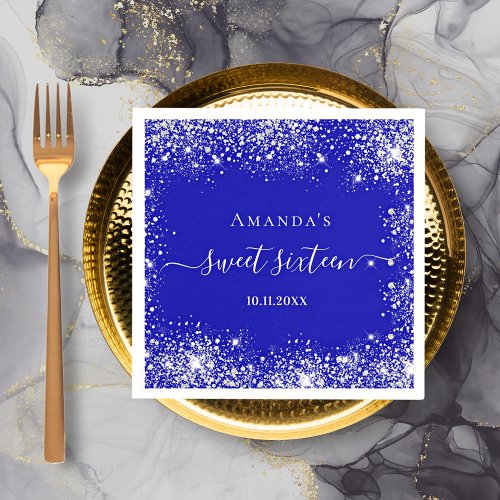 Sweet 16 royal blue silver glitter dust monogram napkins