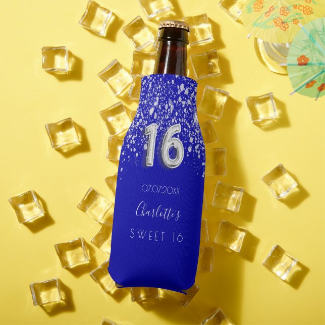 Sweet 16 royal blue silver glitter dust name bottle cooler (In Situ Summer)